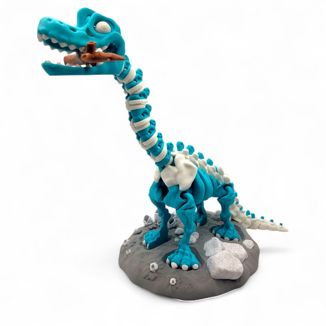 Close-up of the Brachiosaurus head with visible teeth and segmented neck joints, showcasing playful design and fossil textures.