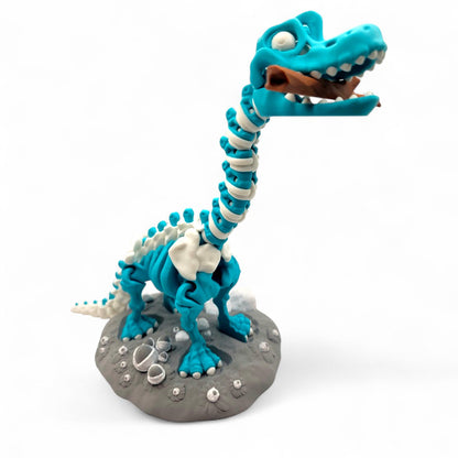 Close-up of the Brachiosaurus head with visible teeth and segmented neck joints, showcasing playful design and fossil textures.