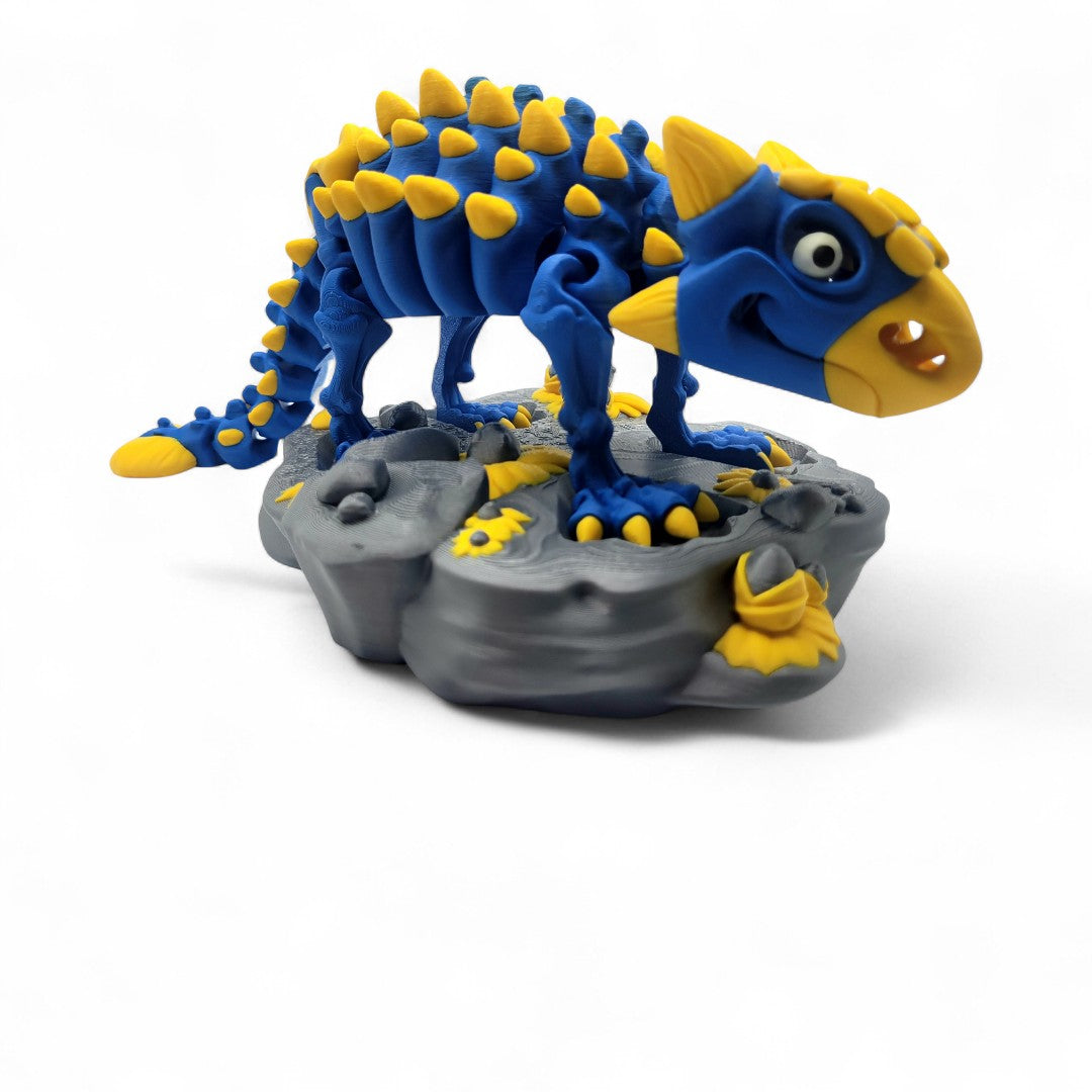 Close-up of the Ankylosaurus head and armored back plates, highlighting textured design and segmented joints.